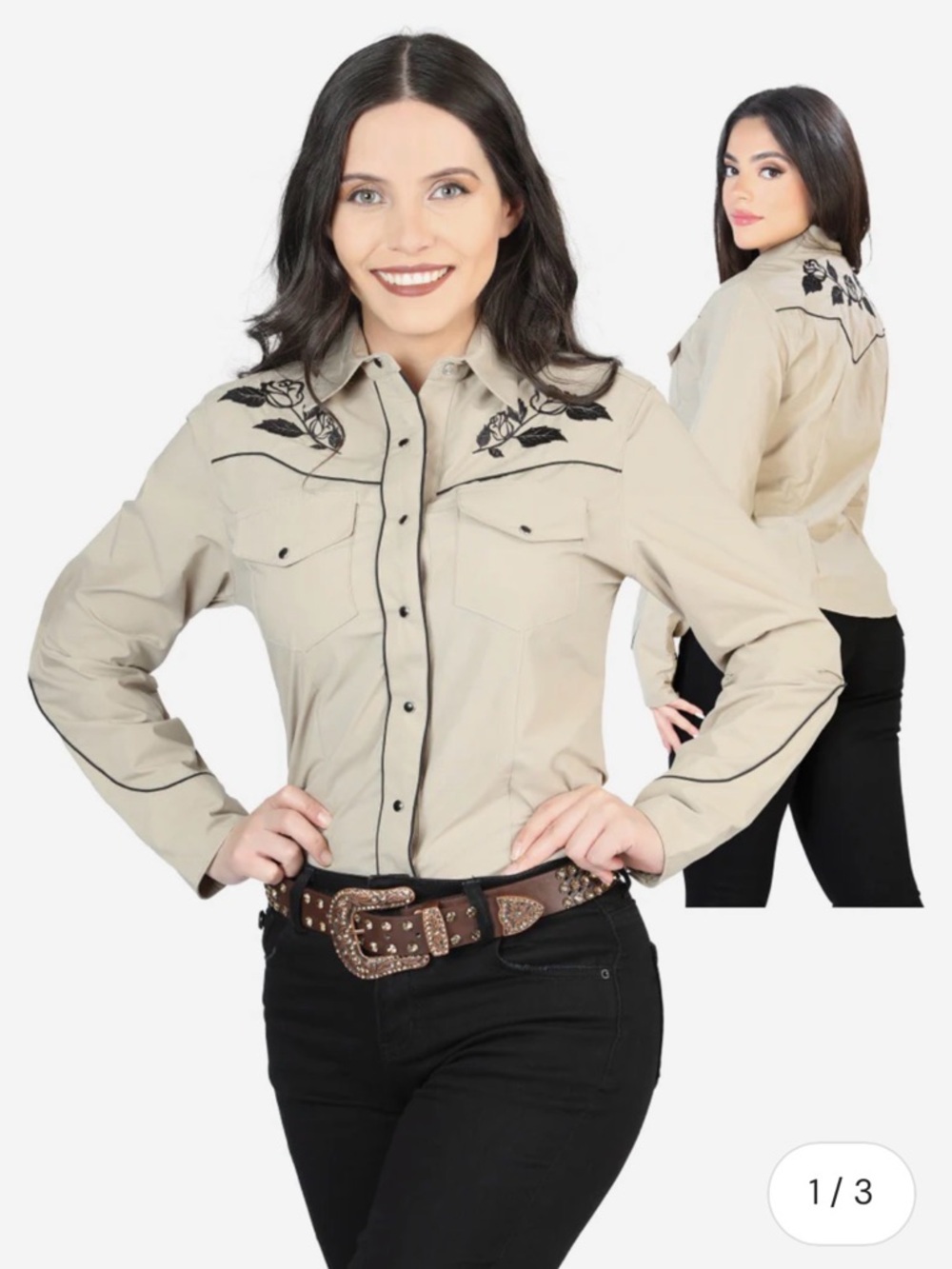 _Beige Floral Embroidered Long Sleeve Western